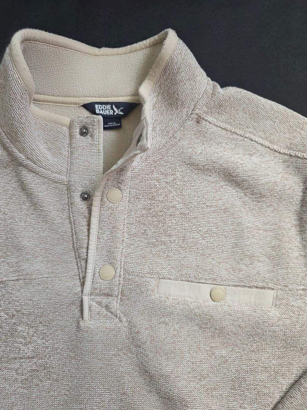 Eddie Bauer Fleece Pullover Size L Tan Snap Neck Pocket